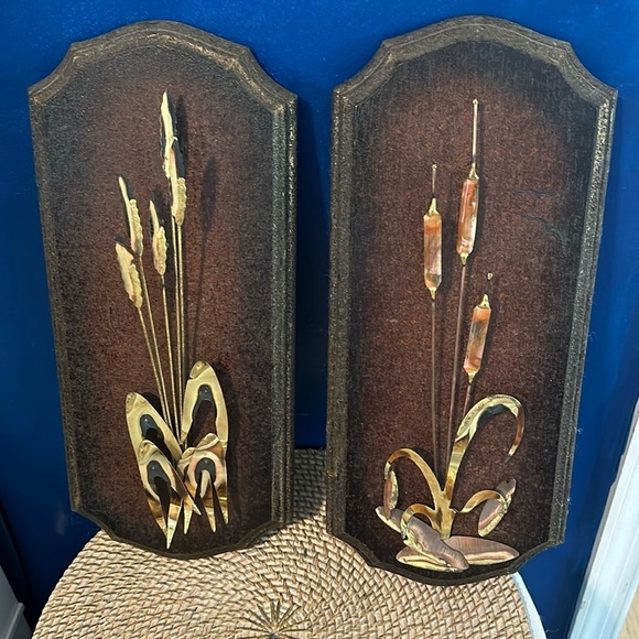 Vintage Set of Two MCM Copper Brass Cattail Wheat Metal Sculpture Wall Plaques